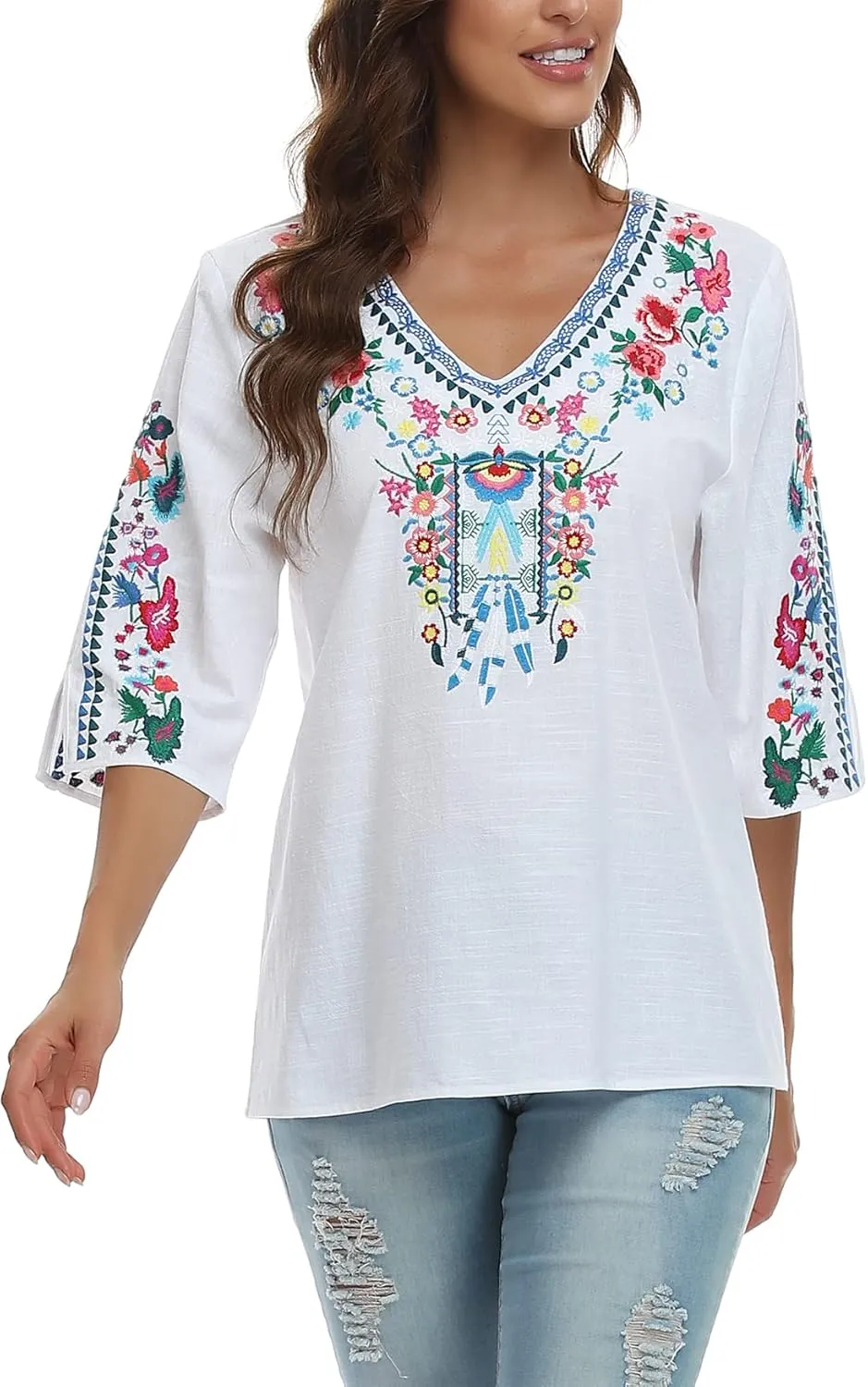 YZXDORWJ Women's Summer Embroidered Mexican Shirts Short Sleeve Casual Tops Blouse