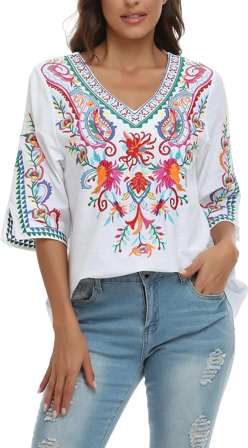 YZXDORWJ Women's Summer Embroidered Mexican Shirts Short Sleeve Casual Tops Blouse