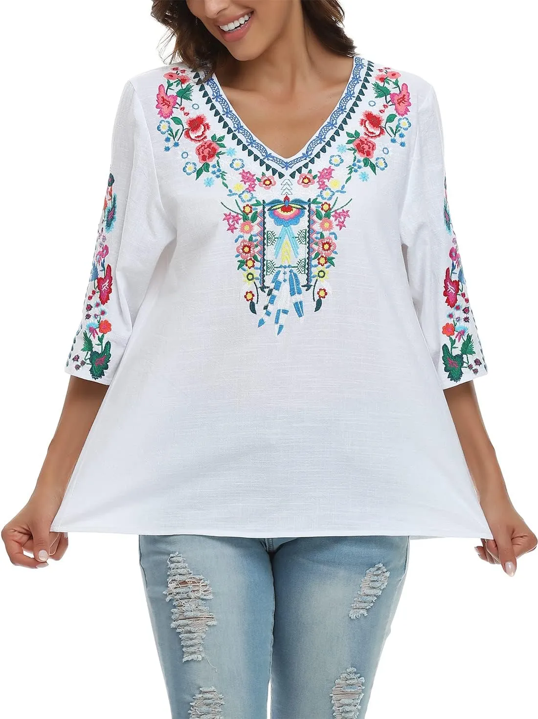 YZXDORWJ Women's Summer Embroidered Mexican Shirts Short Sleeve Casual Tops Blouse