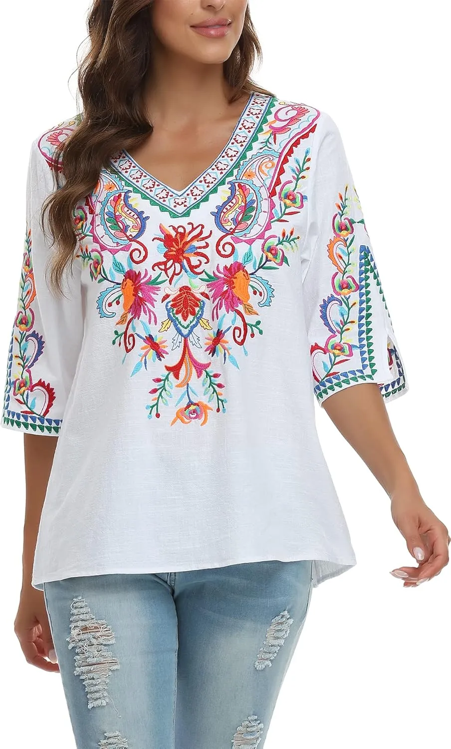 YZXDORWJ Women's Summer Embroidered Mexican Shirts Short Sleeve Casual Tops Blouse