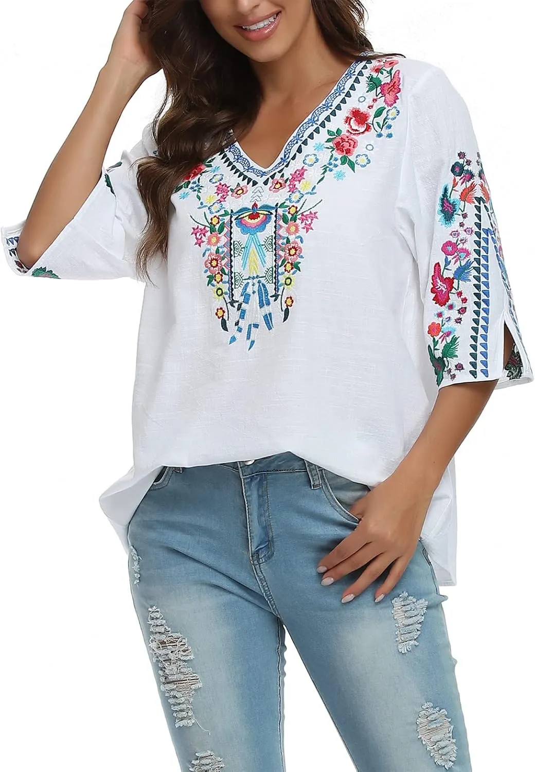 YZXDORWJ Women's Summer Embroidered Mexican Shirts Short Sleeve Casual Tops Blouse