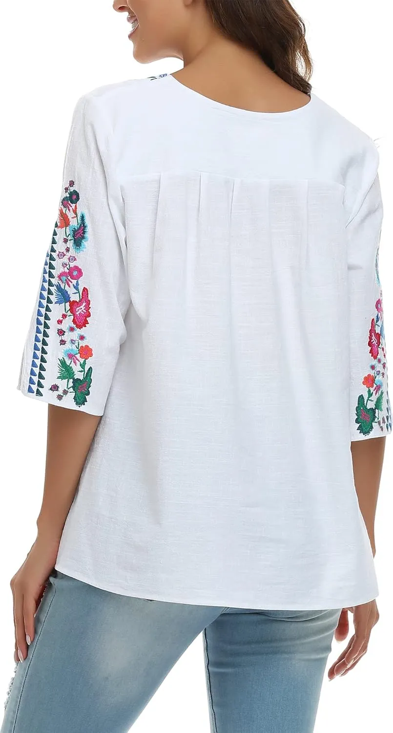 YZXDORWJ Women's Summer Embroidered Mexican Shirts Short Sleeve Casual Tops Blouse