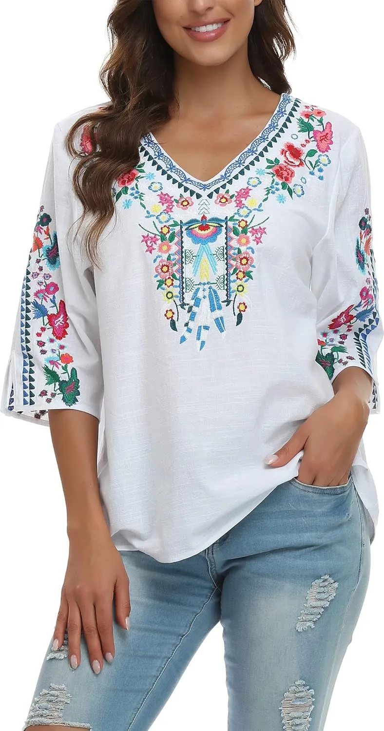 YZXDORWJ Women's Summer Embroidered Mexican Shirts Short Sleeve Casual Tops Blouse