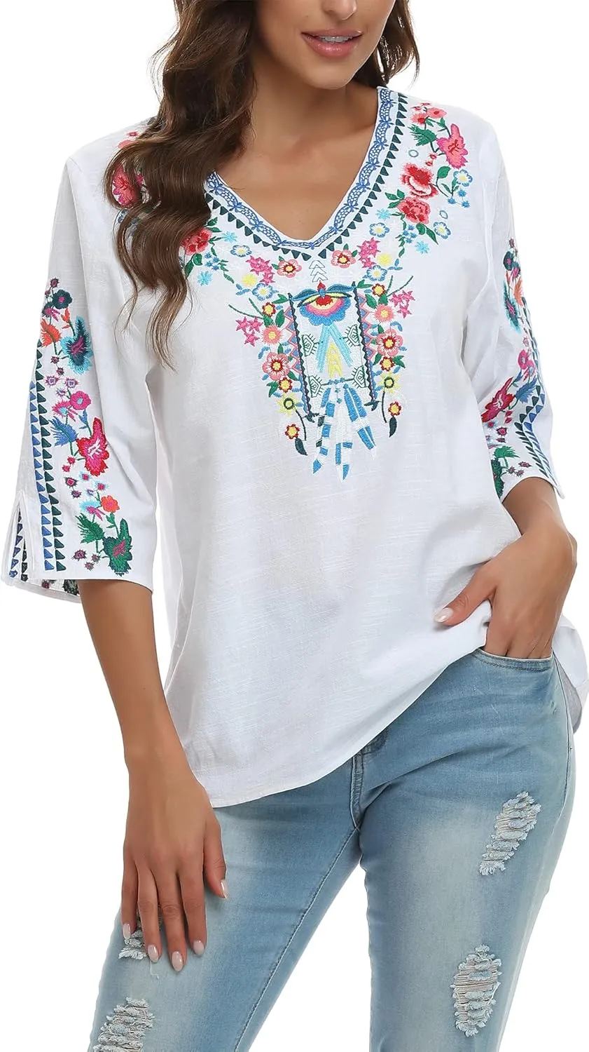 YZXDORWJ Women's Summer Embroidered Mexican Shirts Short Sleeve Casual Tops Blouse