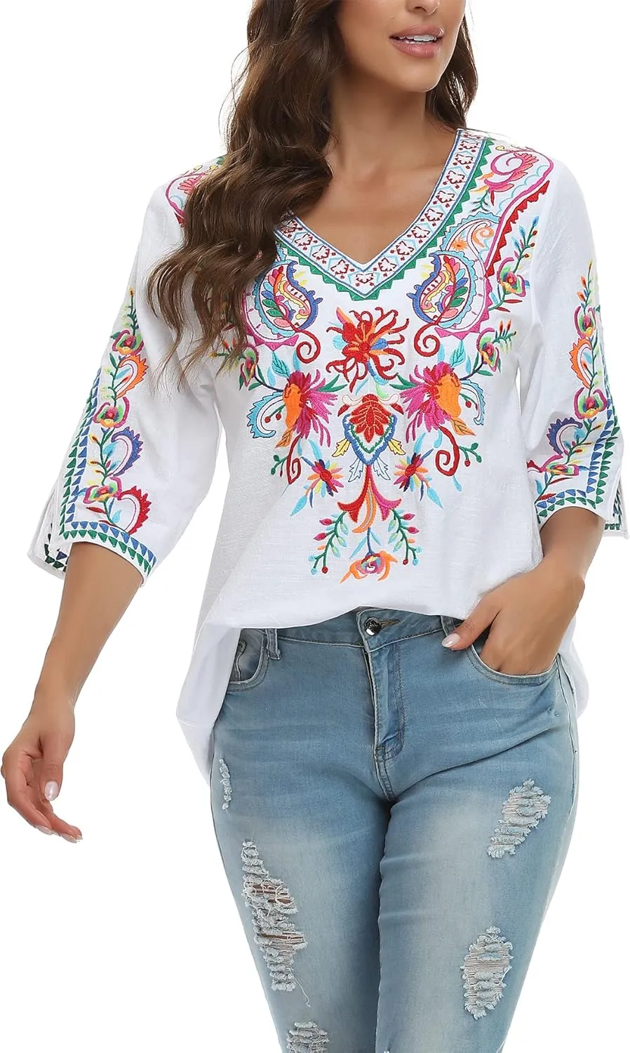 YZXDORWJ Women's Summer Embroidered Mexican Shirts Short Sleeve Casual Tops Blouse