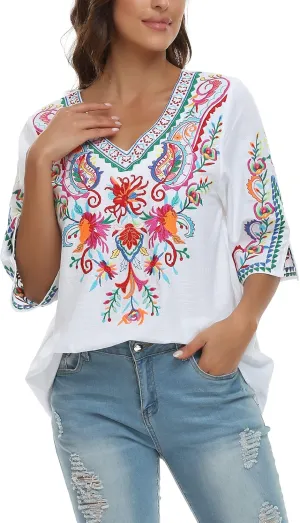 YZXDORWJ Women's Summer Embroidered Mexican Shirts Short Sleeve Casual Tops Blouse