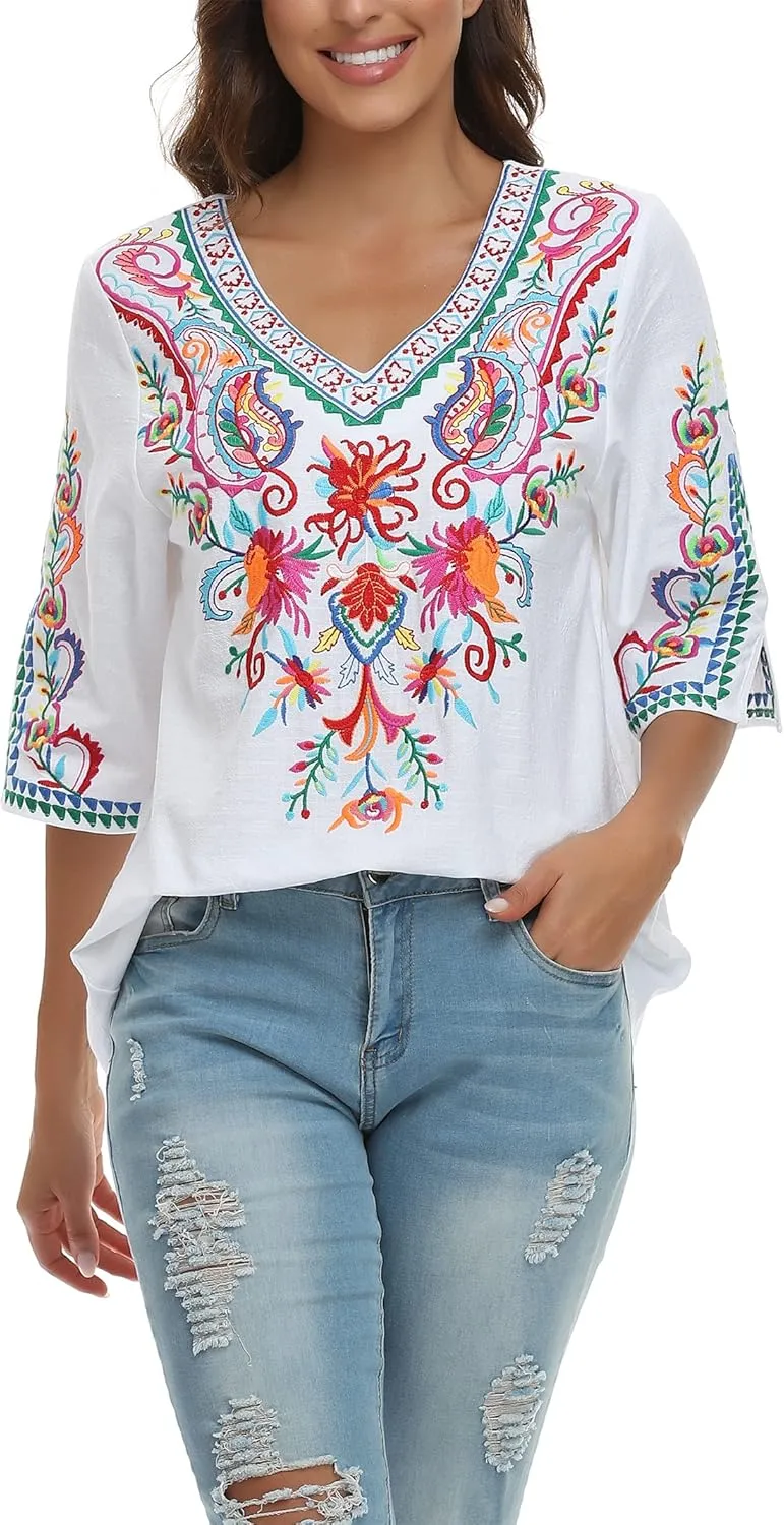 YZXDORWJ Women's Summer Embroidered Mexican Shirts Short Sleeve Casual Tops Blouse
