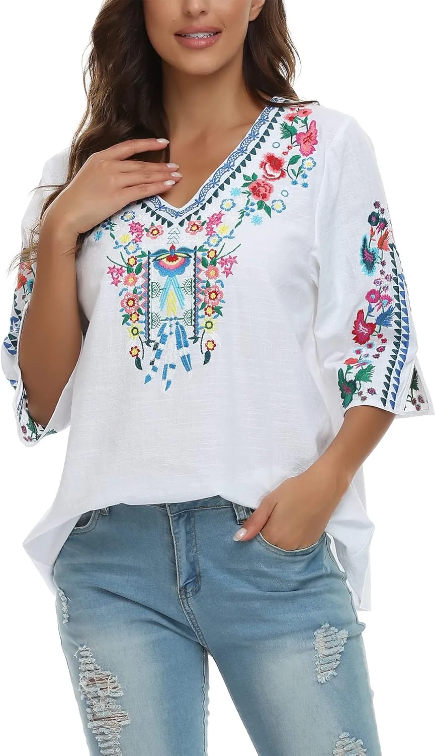 YZXDORWJ Women's Summer Embroidered Mexican Shirts Short Sleeve Casual Tops Blouse