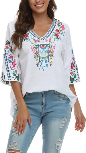 YZXDORWJ Women's Summer Embroidered Mexican Shirts Short Sleeve Casual Tops Blouse