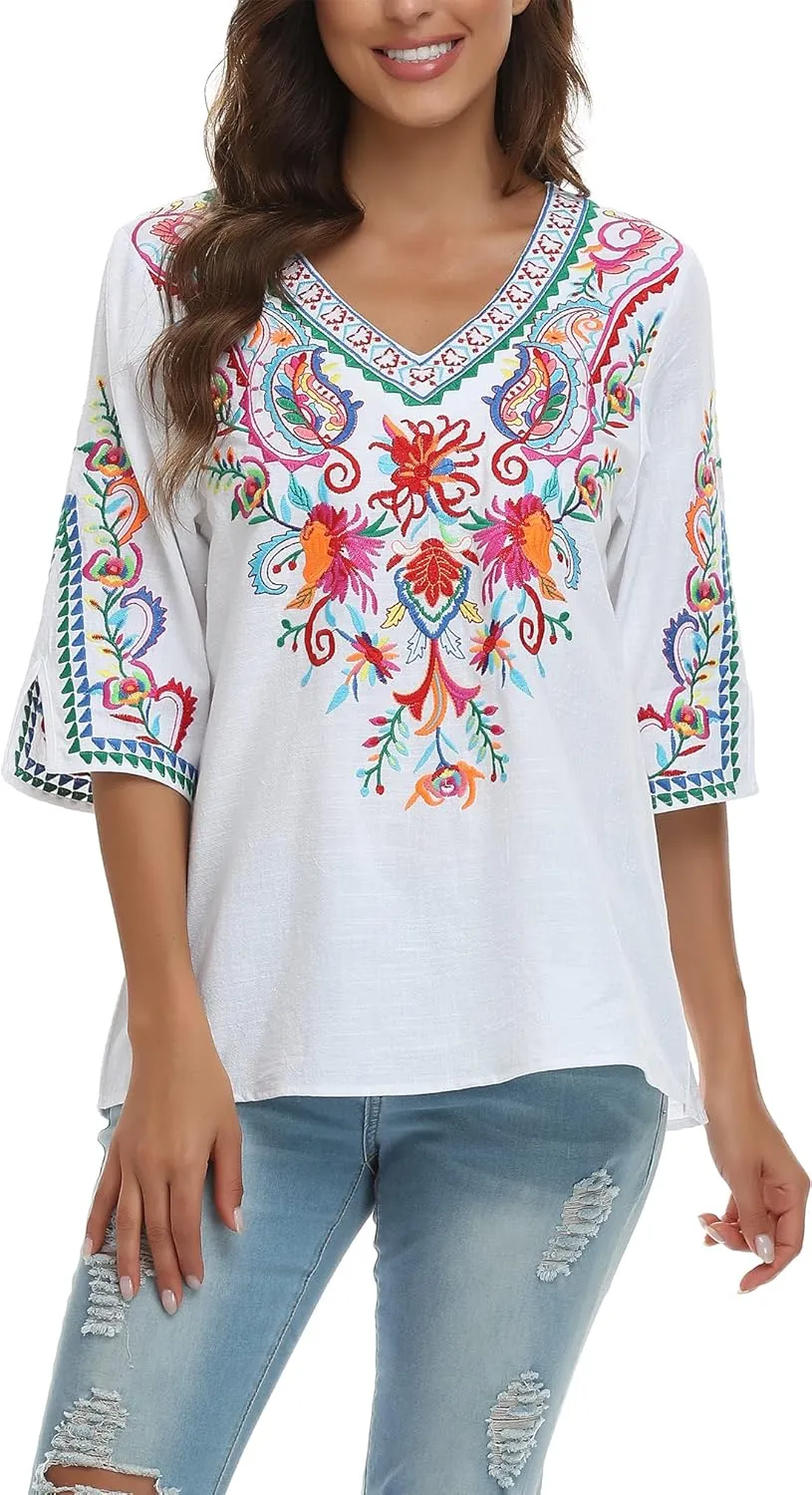 YZXDORWJ Women's Summer Embroidered Mexican Shirts Short Sleeve Casual Tops Blouse