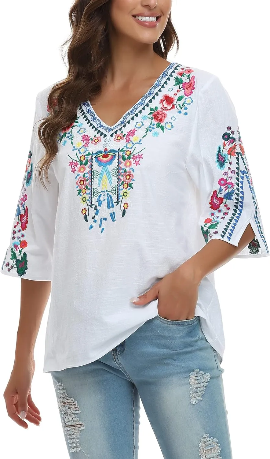 YZXDORWJ Women's Summer Embroidered Mexican Shirts Short Sleeve Casual Tops Blouse