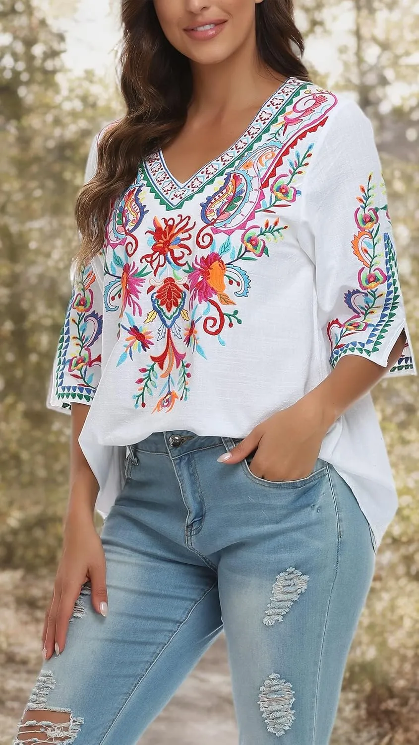 YZXDORWJ Women's Summer Embroidered Mexican Shirts Short Sleeve Casual Tops Blouse