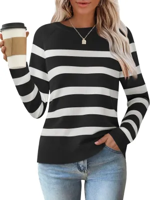 ZESICA Women's Long Sleeve Lightweight Striped Tops Fall Crewneck Ribbed Knit Shirts