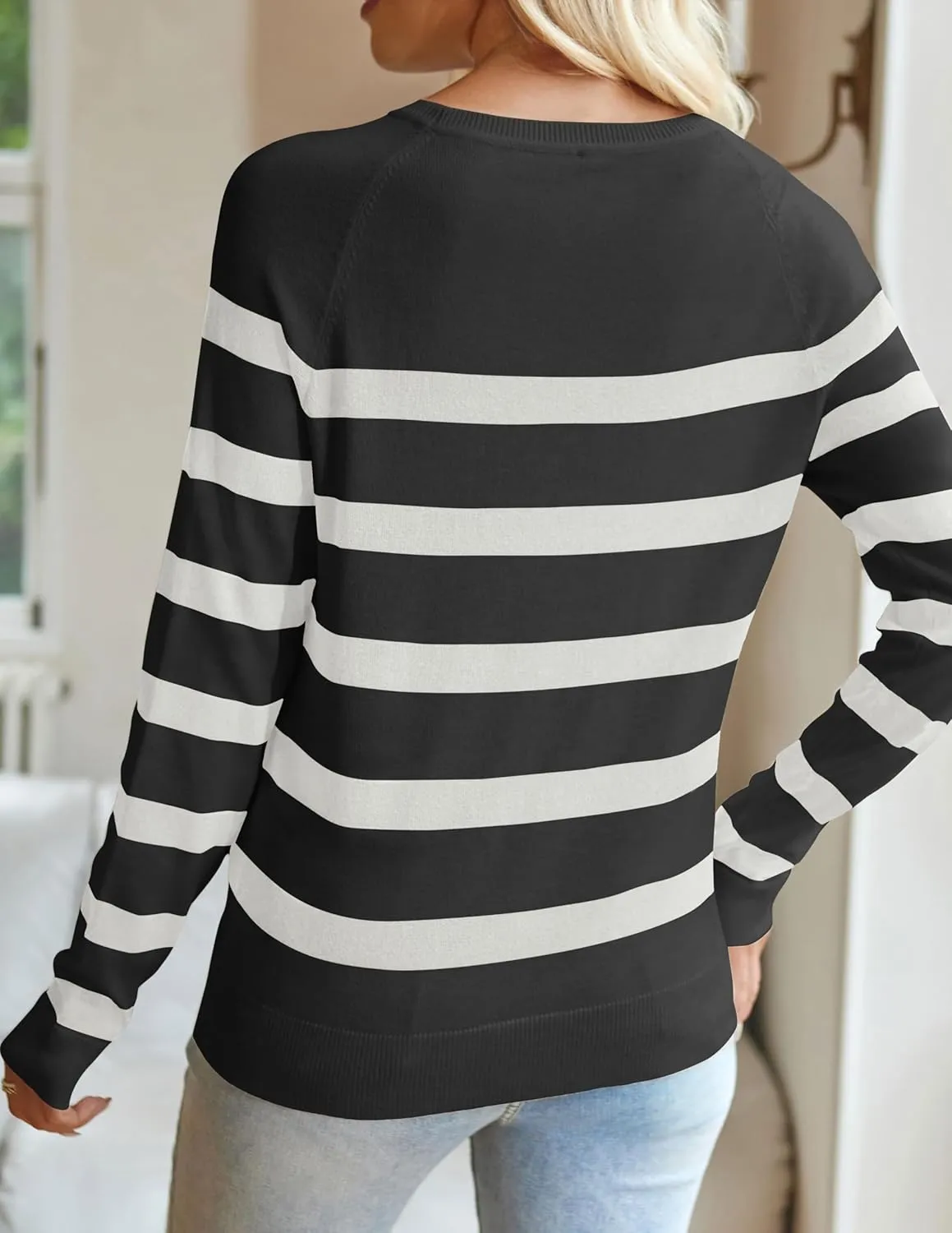 ZESICA Women's Long Sleeve Lightweight Striped Tops Fall Crewneck Ribbed Knit Shirts