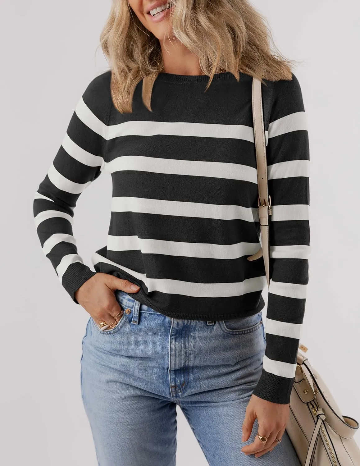 ZESICA Women's Long Sleeve Lightweight Striped Tops Fall Crewneck Ribbed Knit Shirts