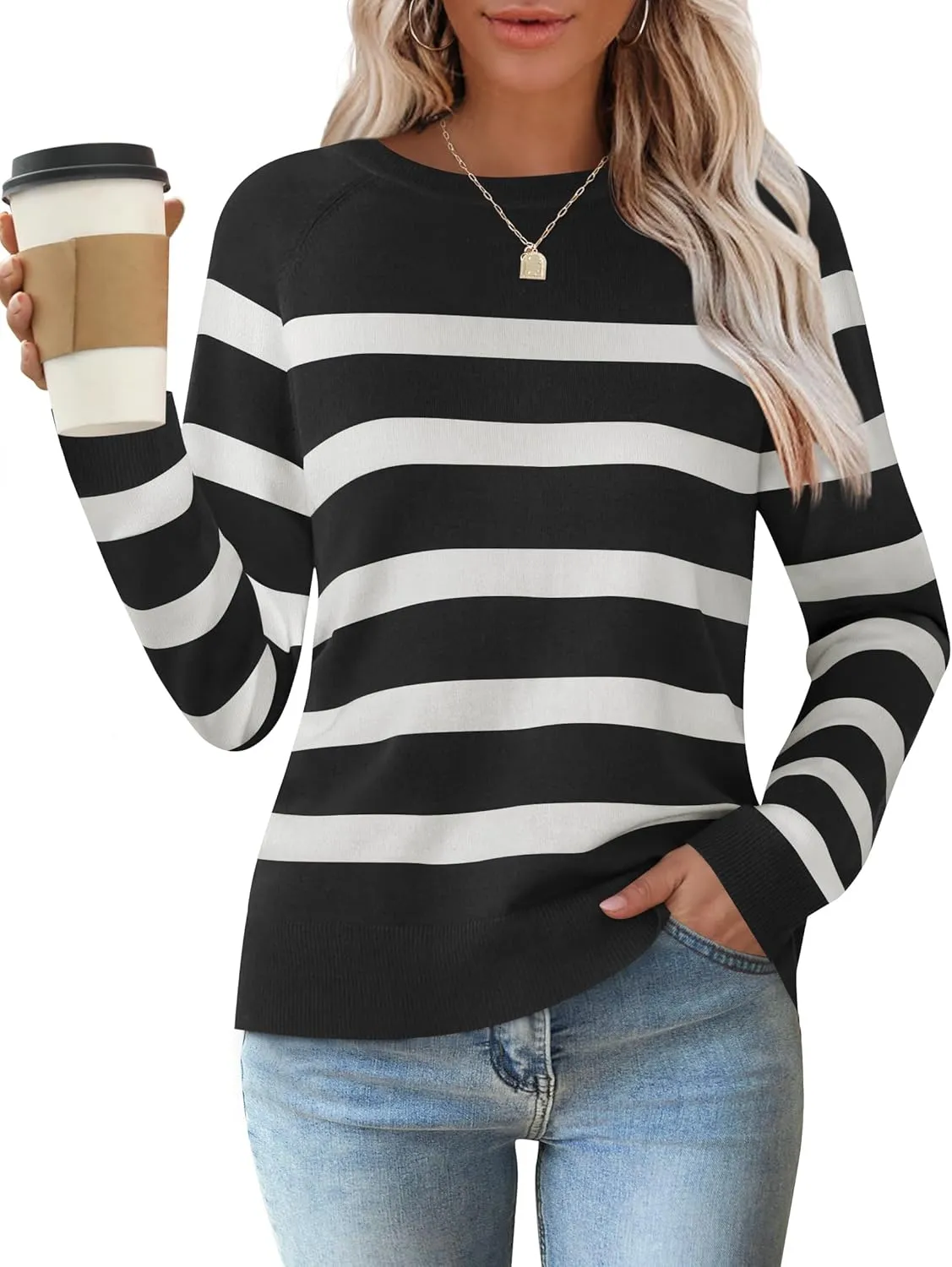 ZESICA Women's Long Sleeve Lightweight Striped Tops Fall Crewneck Ribbed Knit Shirts